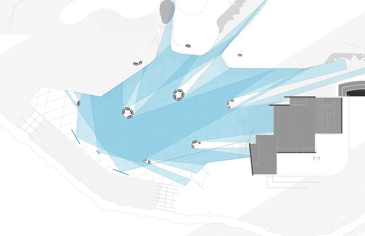 Isovist analysis of Confluence Park showing audience sight lines with 60-degree viewing angles from multiple podiums.