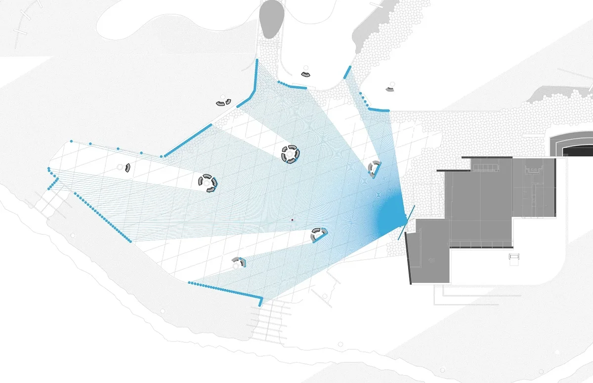 Isovist analysis showing audience sight lines from a podium at Confluence Park, with 60-degree viewing angles.