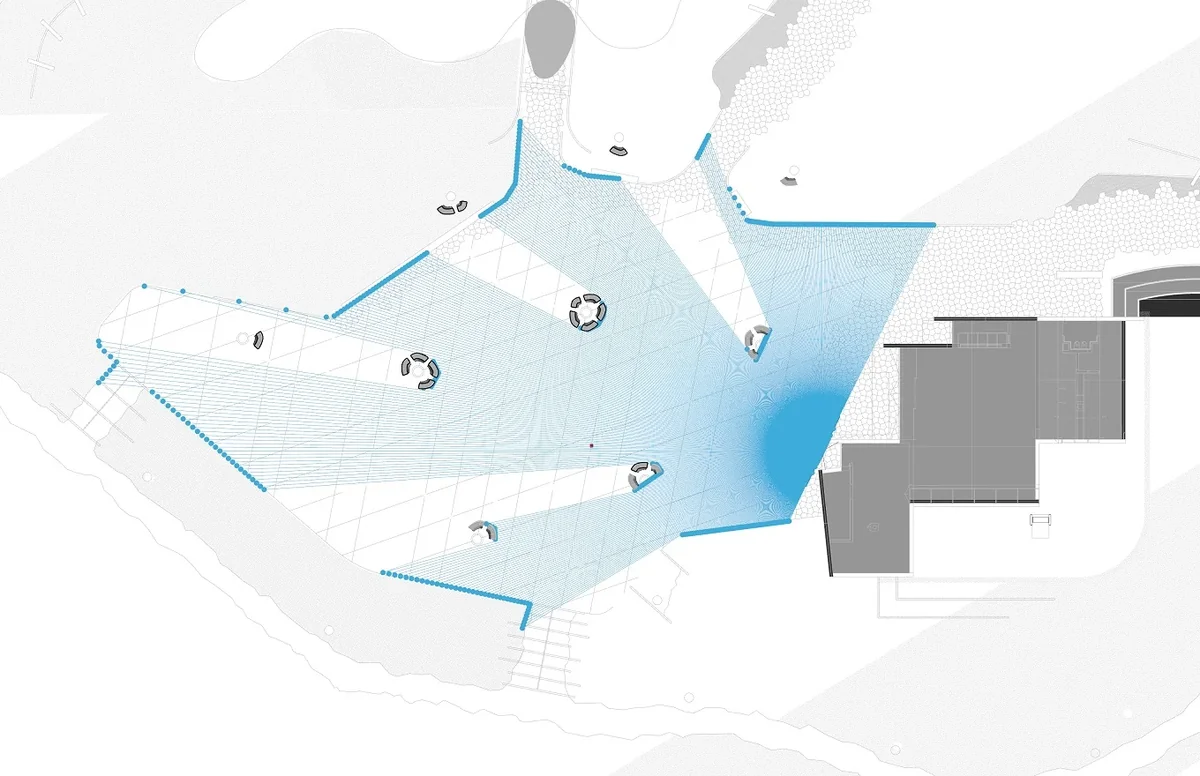 Isovist analysis showing audience sight lines from a podium location at Confluence Park.