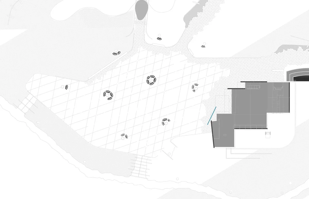 Isovist analysis of Confluence Park’s pavilion showing sight lines for audience seating under its concrete petals.