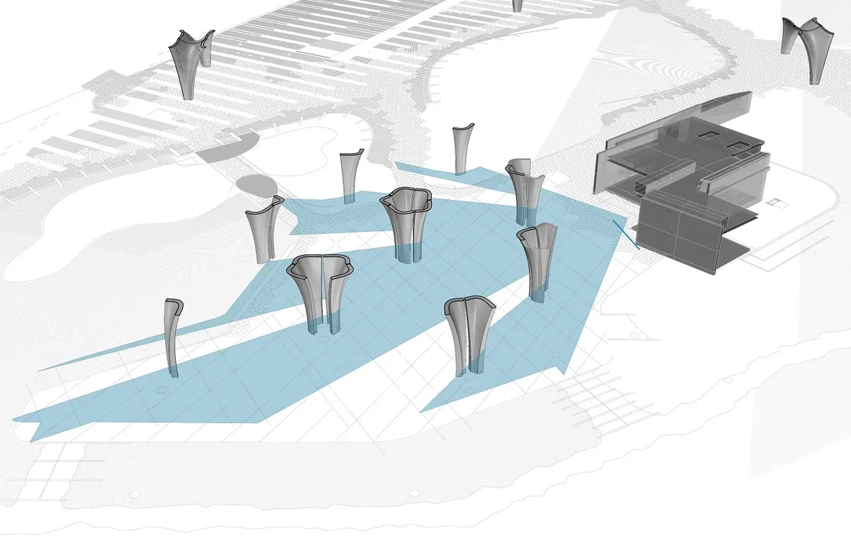 Isovist analysis of Confluence Park’s pavilion showing sight lines for audience seating under its concrete petals.