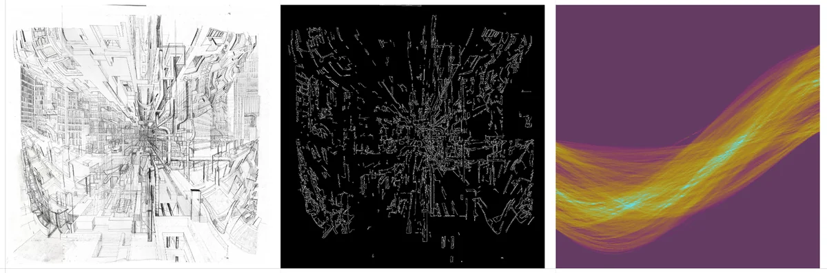 High-contrast Hough Transform matrix of a perspective drawing showing implied sine curve bands with border flares.