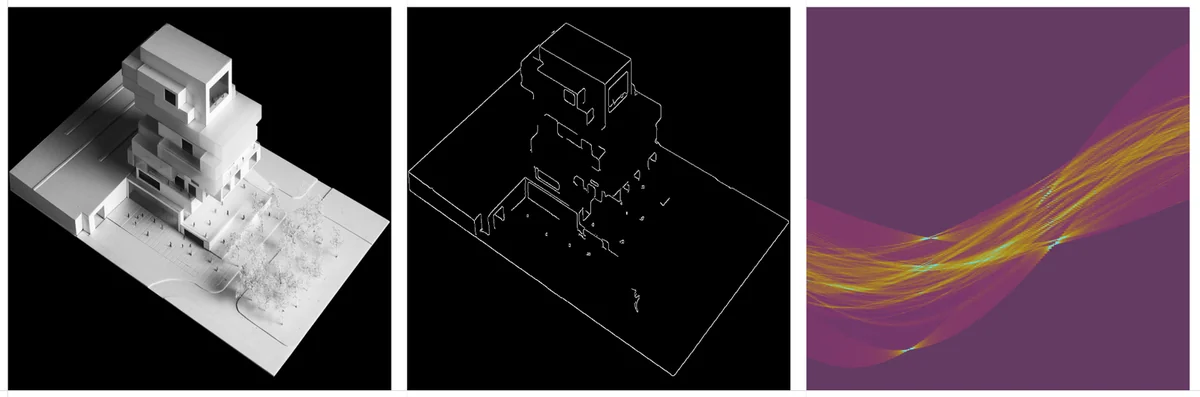 High-contrast edge map of a plan drawing showing a central vertical band from Hough Transform analysis.