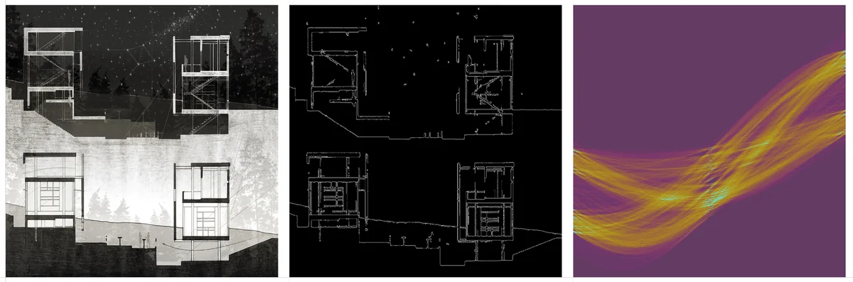 Black-and-white architectural elevation and plan drawings with starry night and forest backdrop.