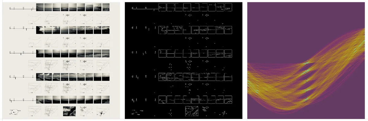 High-contrast Hough Transform matrix of a perspective drawing showing implied sine curve bands.