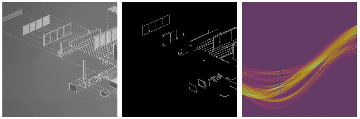 High-contrast edge map of an isometric drawing showing vertical sine curve bands from Hough Transform analysis.
