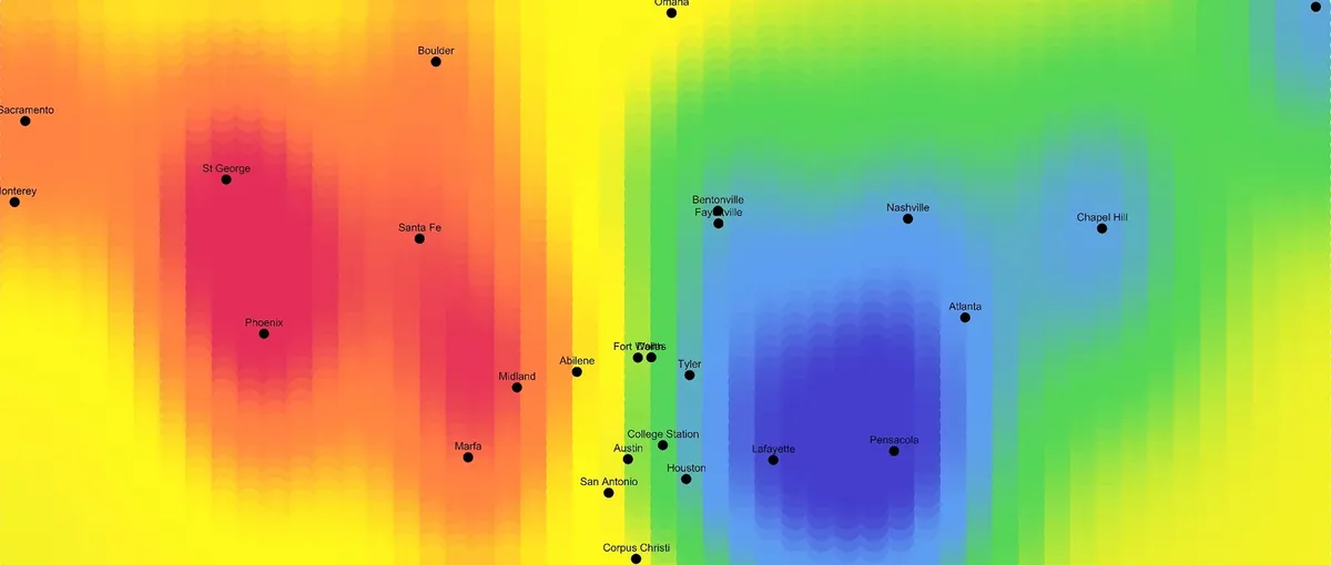 Color gradient map of U.S. cities showing rainfall intensity with machine learning regression curves.