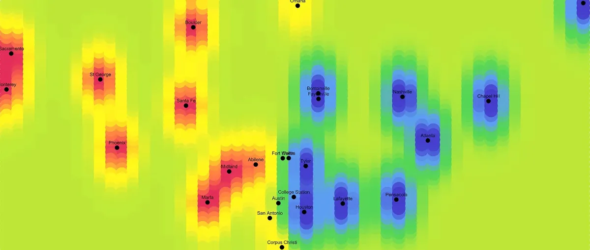 Color gradient map of U.S. cities showing rainfall intensity with machine learning regression curves.