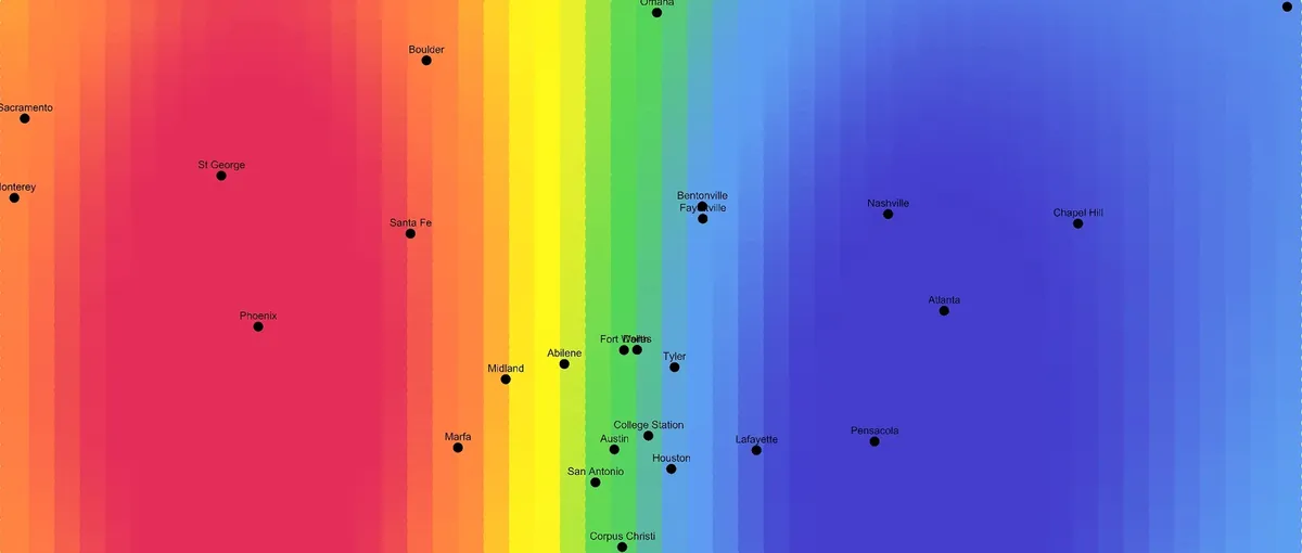 Color gradient map of U.S. cities showing rainfall intensity with machine learning regression curves.