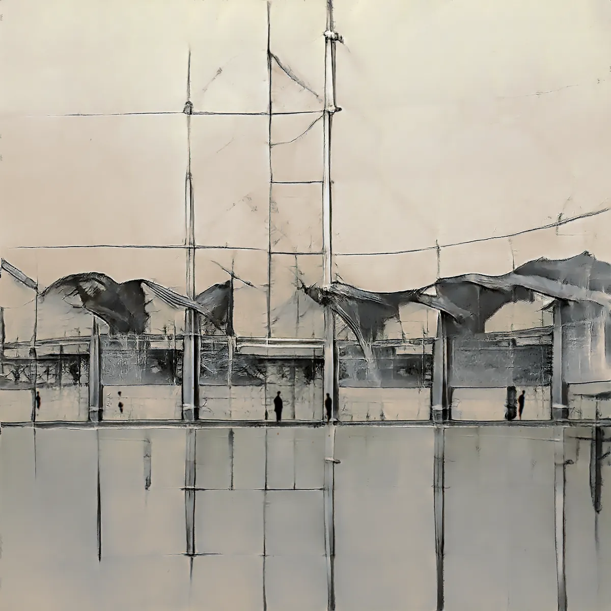 Monochromatic abstract painting with fragmented architecture and reflective surface, exploring AI co-authorship in design.