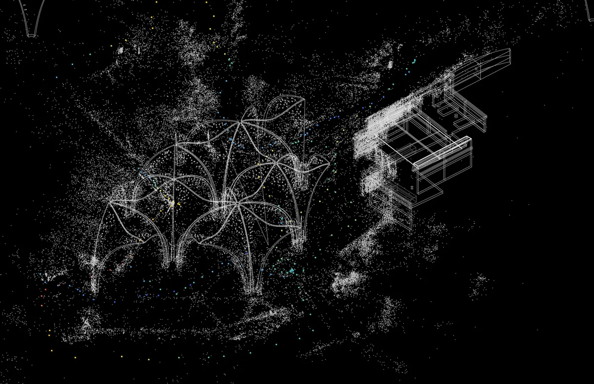 Point cloud and wireframe model of Confluence Park generated from Structure-from-Motion photogrammetry.