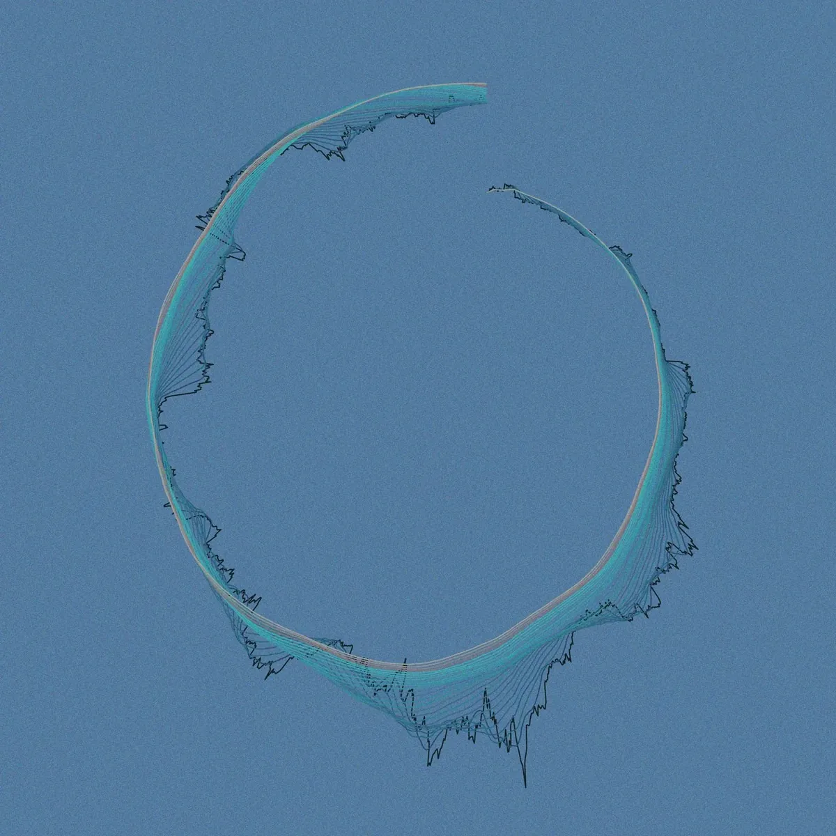 Digital rendering of a fragmented circular form with layered, textured lines against a blue gradient background.
