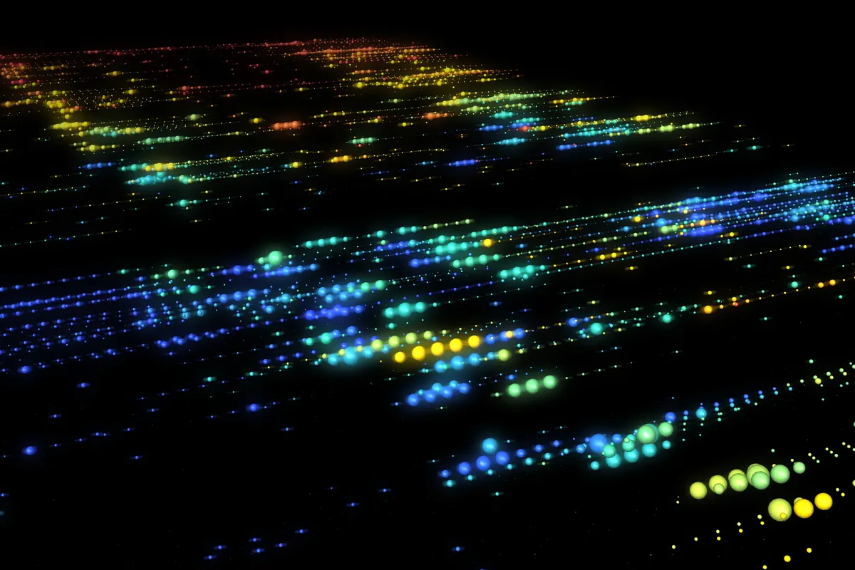 Rainbow-colored dots trace hourly energy use and temperature across stacked calendar days.