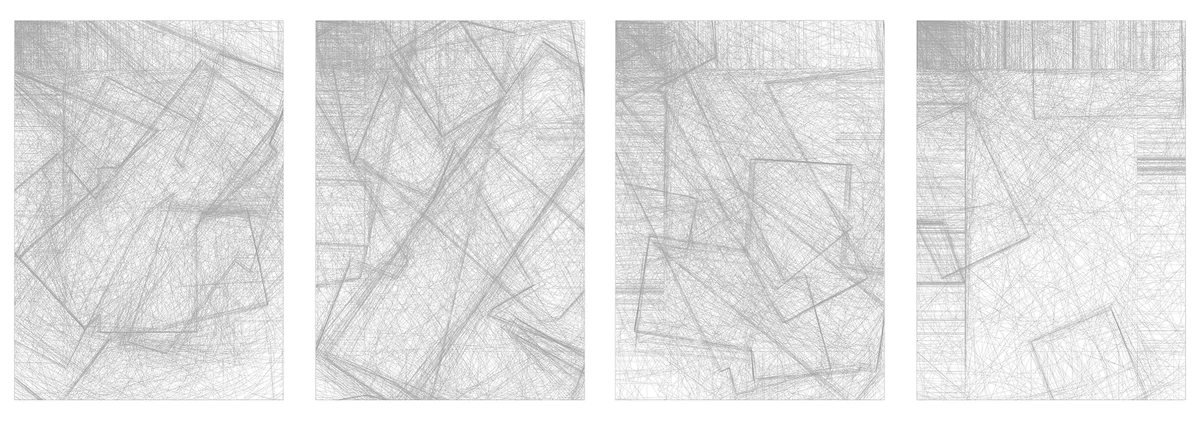 Four grayscale sketches show overlapping rectangular forms, illustrating parametric design variations for generative evaluation.