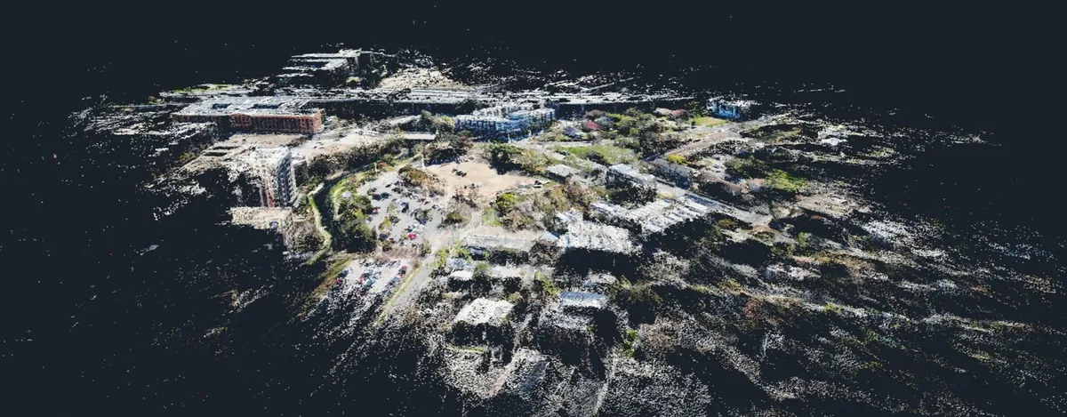 Aerial view of a scanned site converted into a 3D point cloud for generative design evaluation.