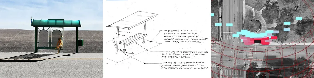 Digital rendering of a kinetic bus shelter prototype with a person sitting on its rotating bench, designed for Park(ing) Day.