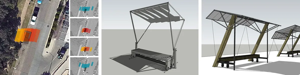 Digital rendering of a kinetic bus shelter prototype with a rolling bench and adjustable canopy, designed for Park(ing) Day in San Antonio.