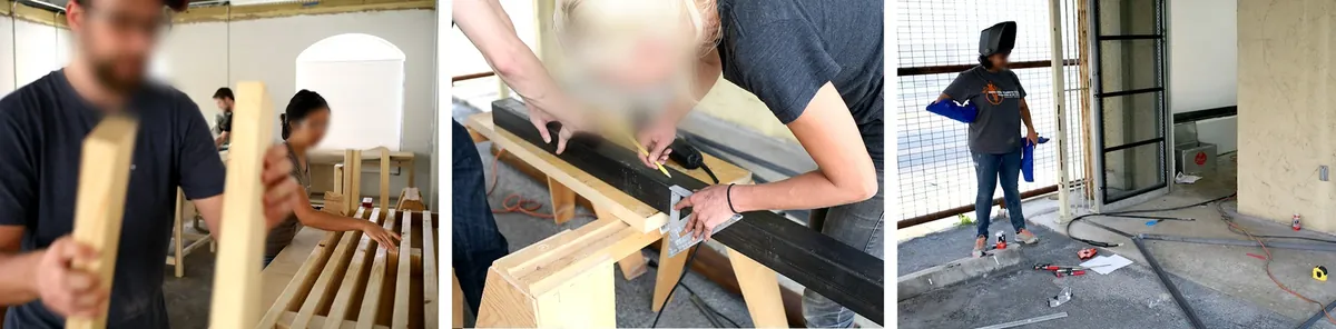 Team assembling the kinetic bus shelter’s wooden frame and metal components in the Lake Flato Shop.
