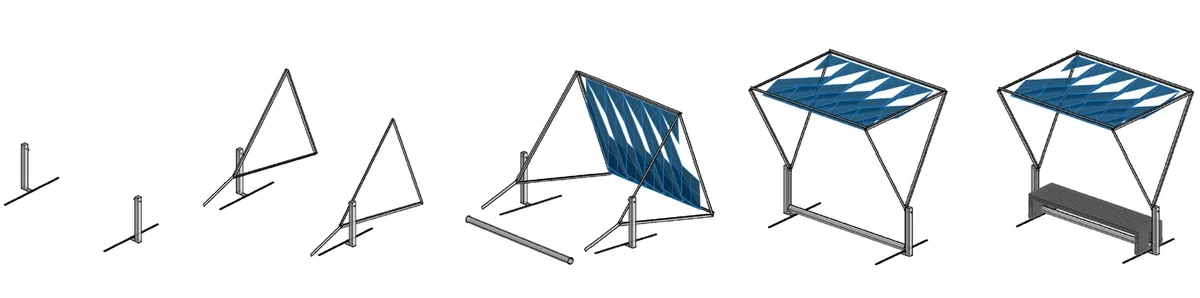 Digital rendering showing the kinetic bus shelter’s assembly sequence from frame components to finished canopy with fabric shade.