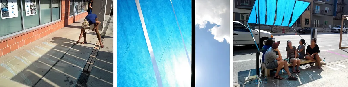 People sit under a blue fabric canopy attached to a rotating steel frame, casting moving shadows on the sidewalk.