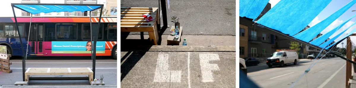 Blue fabric canopy and wooden bench casting shifting shadows on pavement as sun moves across sidewalk.
