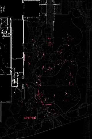 Red-dot heatmap overlay on architectural plan showing biometric data clusters labeled "animal" near outdoor zones.