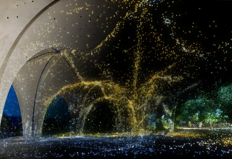 A glowing 3D point cloud of Confluence Park at night, revealing its structure through scattered lights.