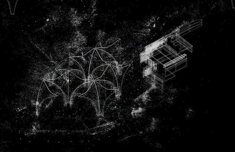 3D point cloud reconstruction of Confluence Park’s pavilion and surrounding space, showing structural geometry and environmental data points.