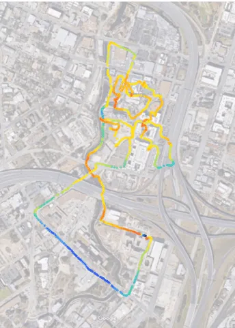 Color-coded temperature heatmap overlaid on a city map, showing thermal variations across the Pearl District in San Antonio.