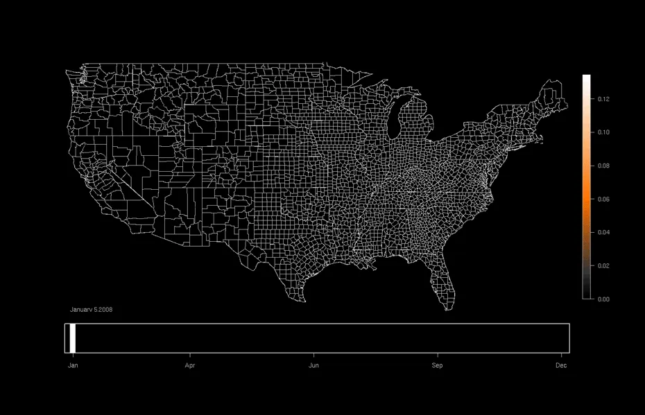 Heat map of U.S. environmental data on January 5, 2008, showing regional variations across states.