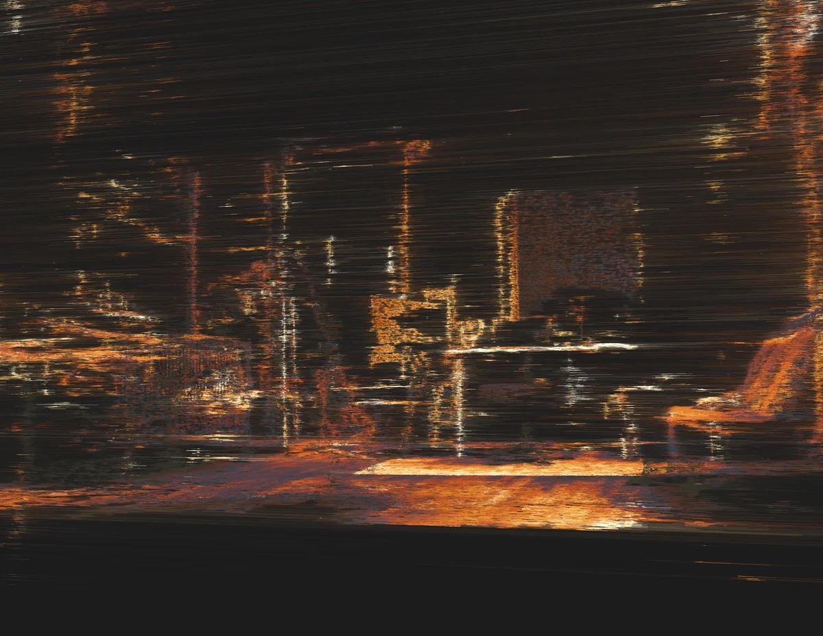 Photogrammetry mesh of a cityscape at dusk, rendered with glowing, fragmented edges and warm light streaks.