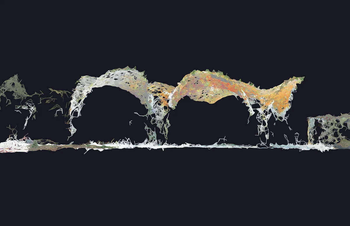 Photogrammetry mesh of a fragmented, glowing architectural form with layered textures and warm color gradients.