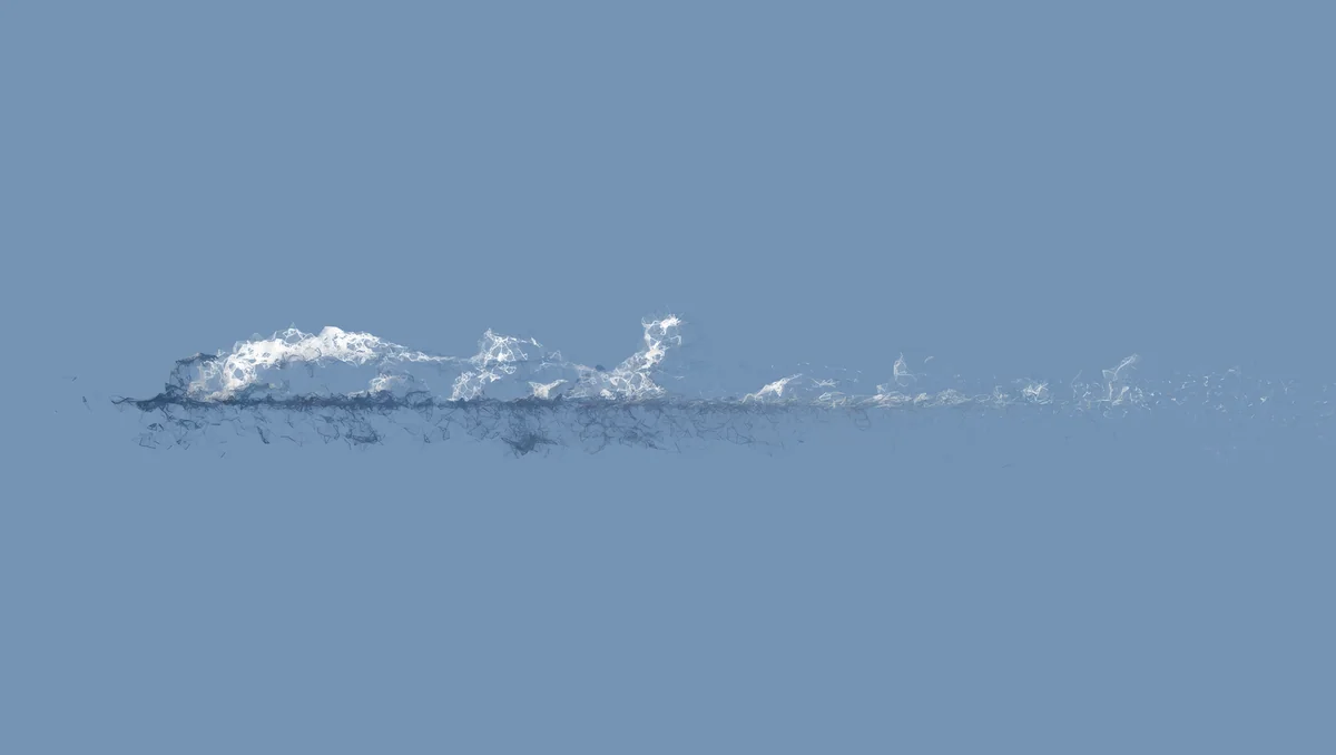 Photogrammetry mesh of a snowy mountain ridge, rendered as a glowing, fragmented digital sculpture.