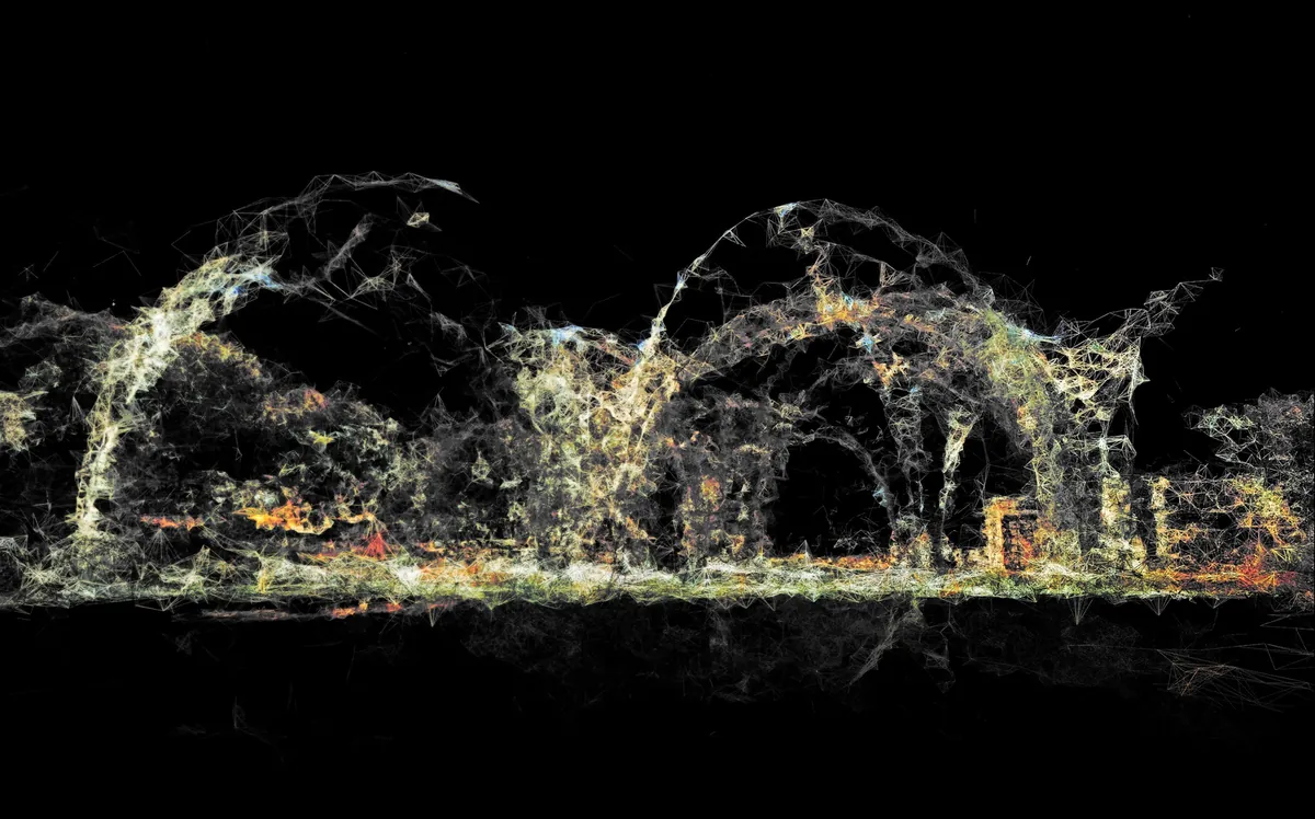 Photogrammetry mesh of Confluence Park Pavilion, San Antonio, rendered through COLMAP with grasshopper script.