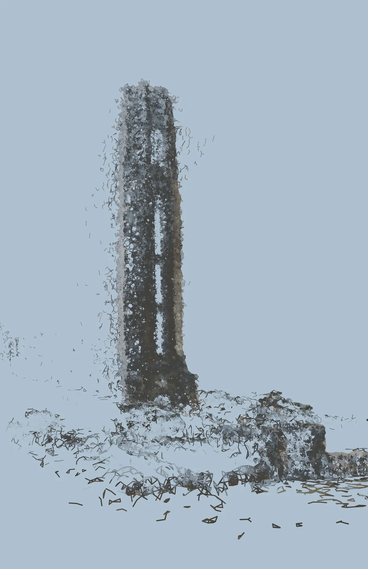 Photogrammetry mesh of a weathered stone tower fragment, rendered with fragmented textures and muted tones.