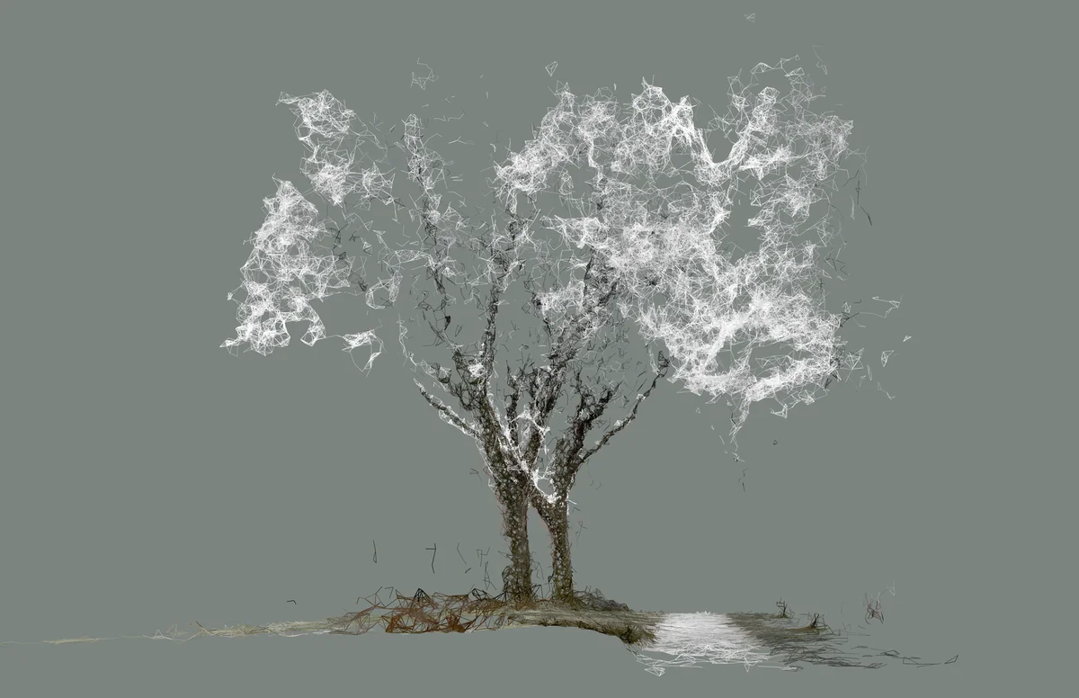 Photogrammetry mesh of a tree with fragmented, glowing foliage and textured bark against a muted background.