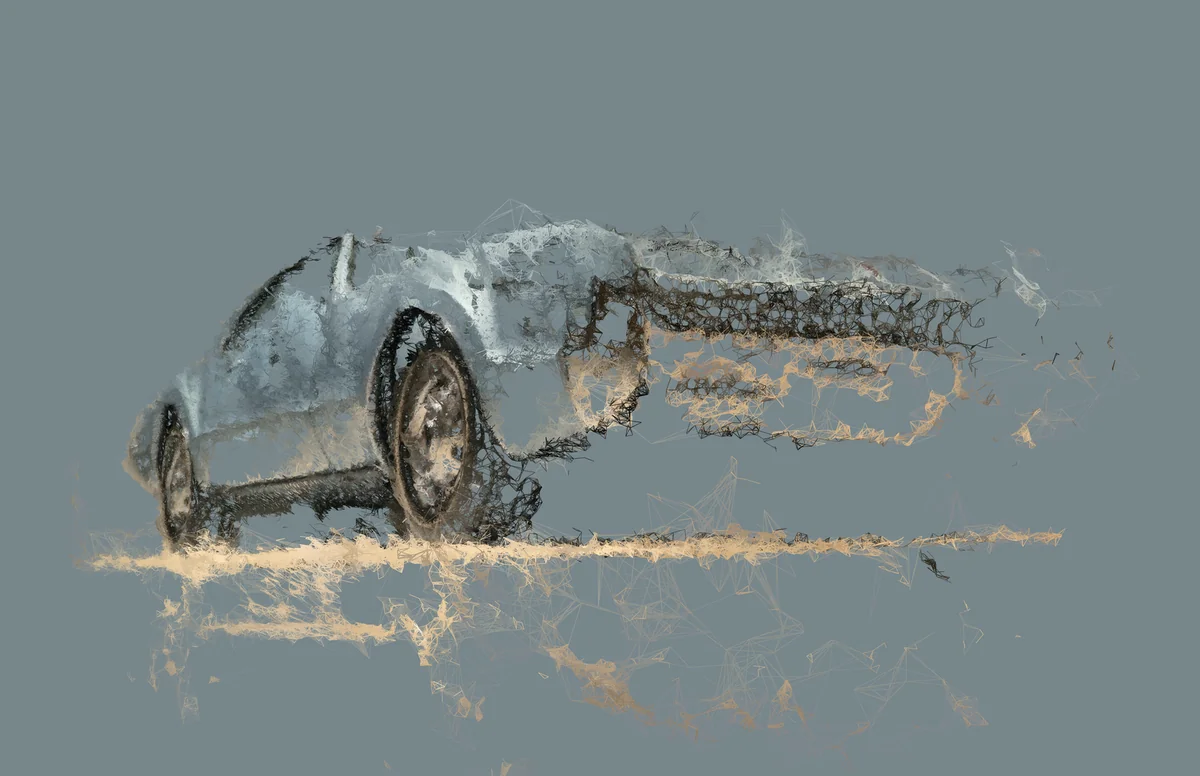 Photogrammetry mesh of a car rendered as a fragmented, glowing digital sculpture with layered textures.