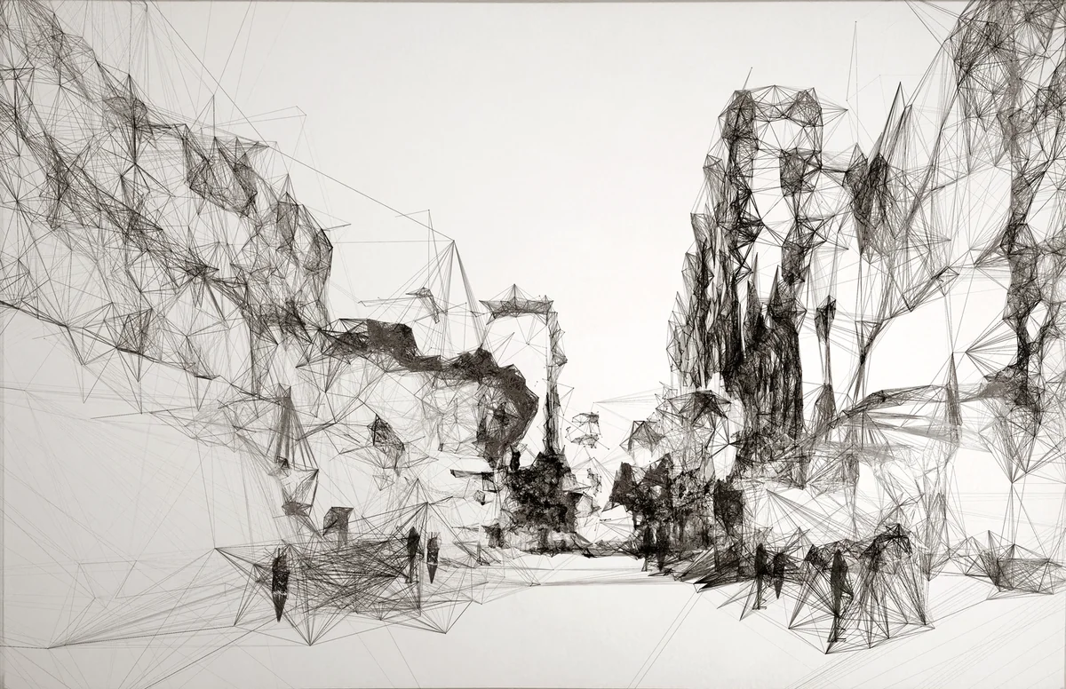 Photogrammetry mesh of a fragmented urban landscape with angular forms and intersecting lines rendered in monochrome.