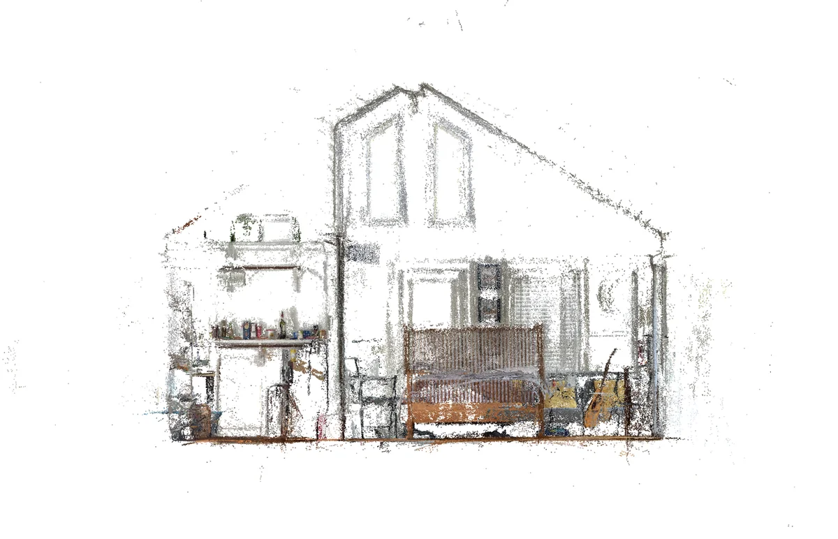 Sketch of a two-story house interior showing a bed, shelves, and furniture rendered with photogrammetry textures.