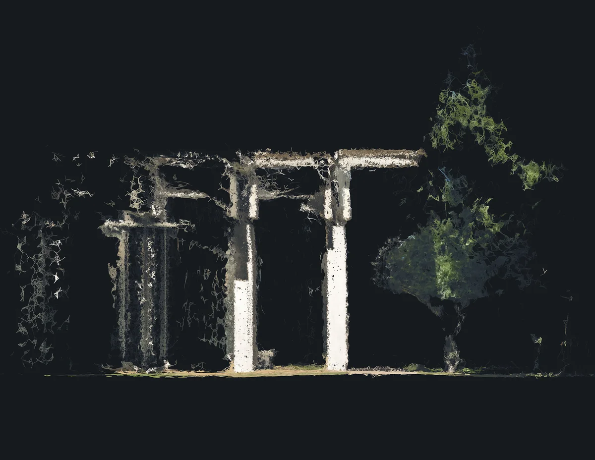 Photogrammetry mesh of a fragmented architectural structure with glowing edges and textured surfaces against a dark background.