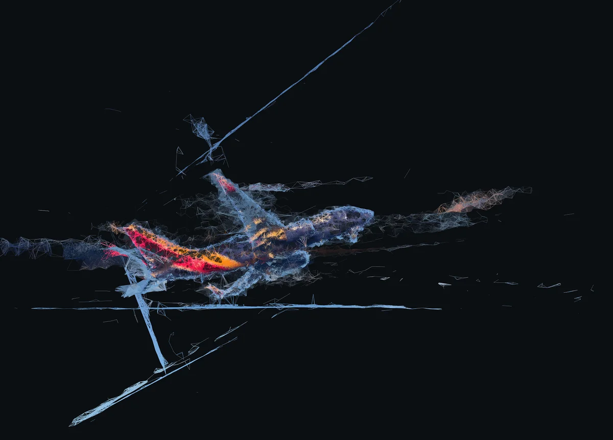 Photogrammetry mesh of a fragmented architectural form with glowing edges and textured surfaces against a dark background.