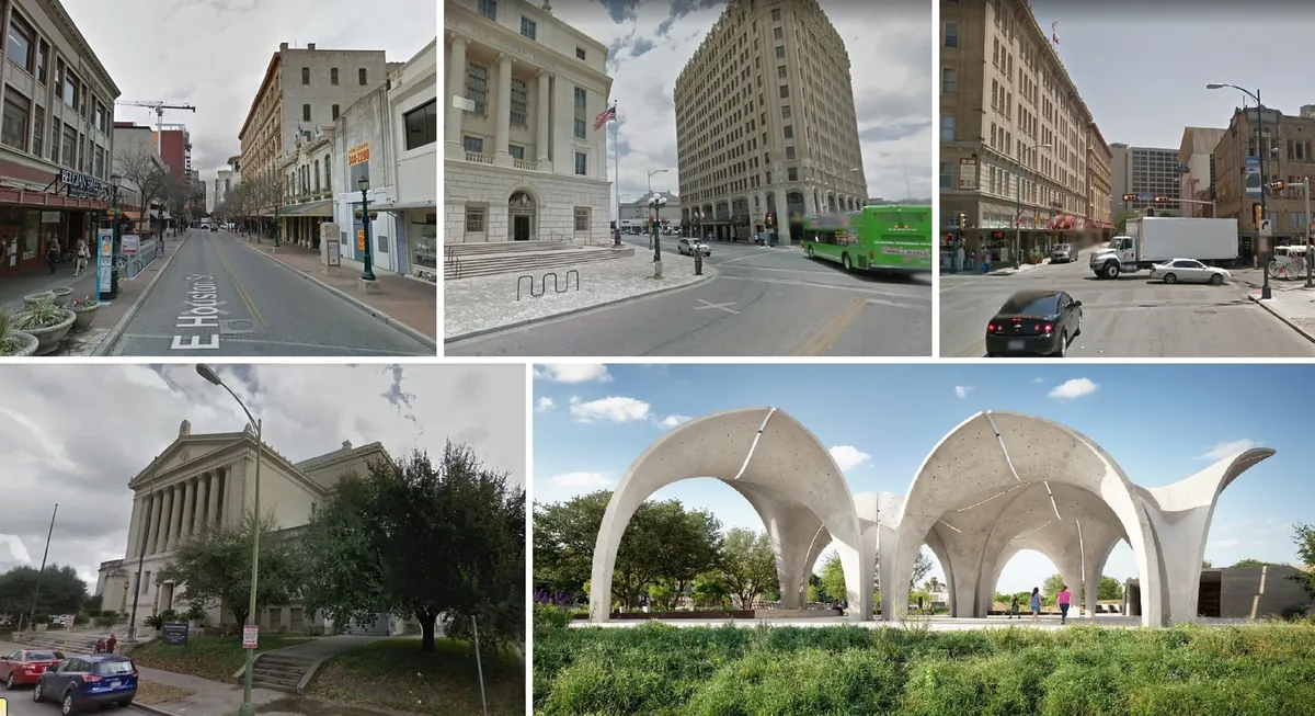 Photogrammetry mesh collage of San Antonio streetscapes and Confluence Park, showing architectural details and fragmented topography.