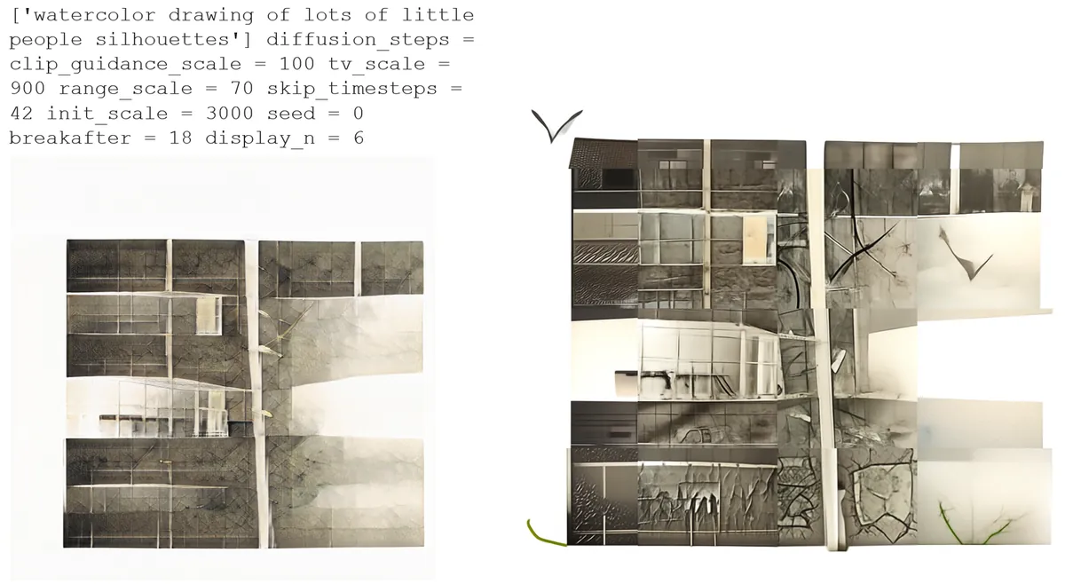 Watercolor-style architectural collage re-rendered in 16 segments with CLIP-guided diffusion, losing original texture but gaining abstract detail.