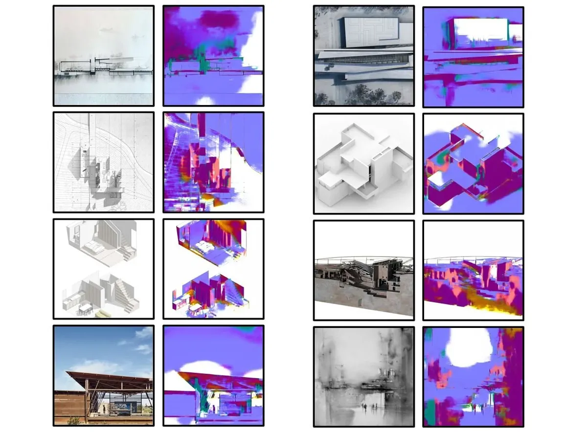Grid of architectural drawings and their synthesized surface normal maps showing orientation via color-coded faces.