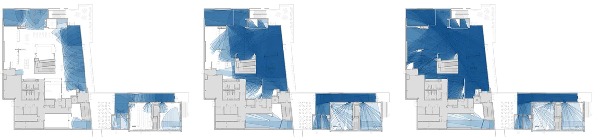 Translucent blue view sheds overlay three building floor plans, showing how exterior visibility gradients vary across different window positions.