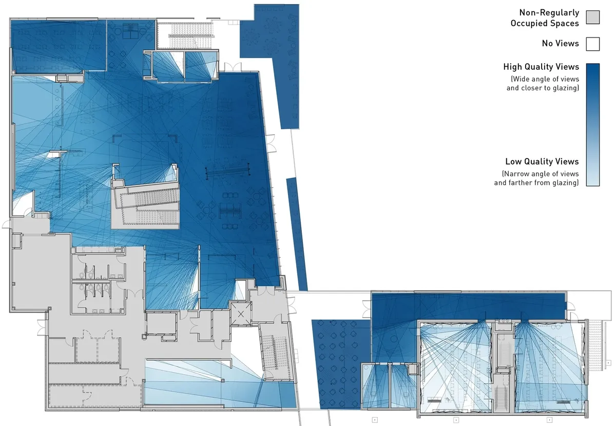 Translucent blue view sheds overlay a floor plan, revealing gradient quality of exterior views from each window corner.