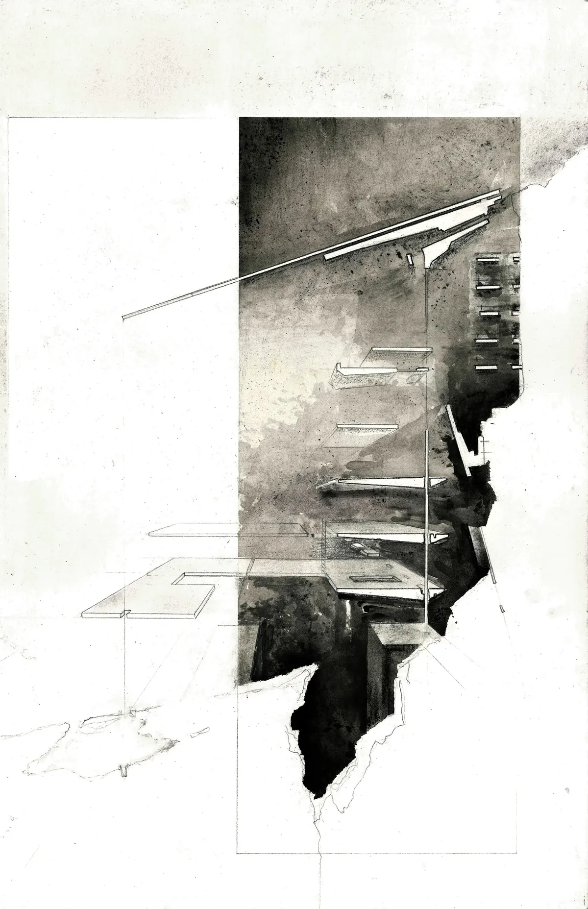Black watercolor and charcoal section drawing of a canyon-like architectural form with layered platforms.