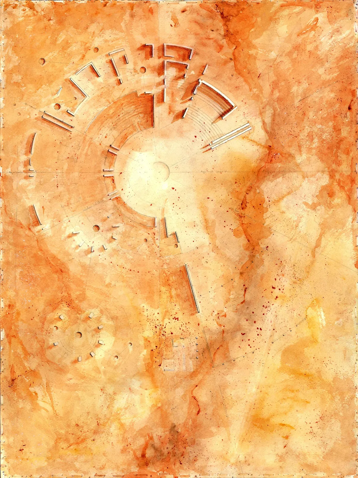 Watercolor drawing of El Cosmico reimagined as a stone ruin marking solstice sunrises.