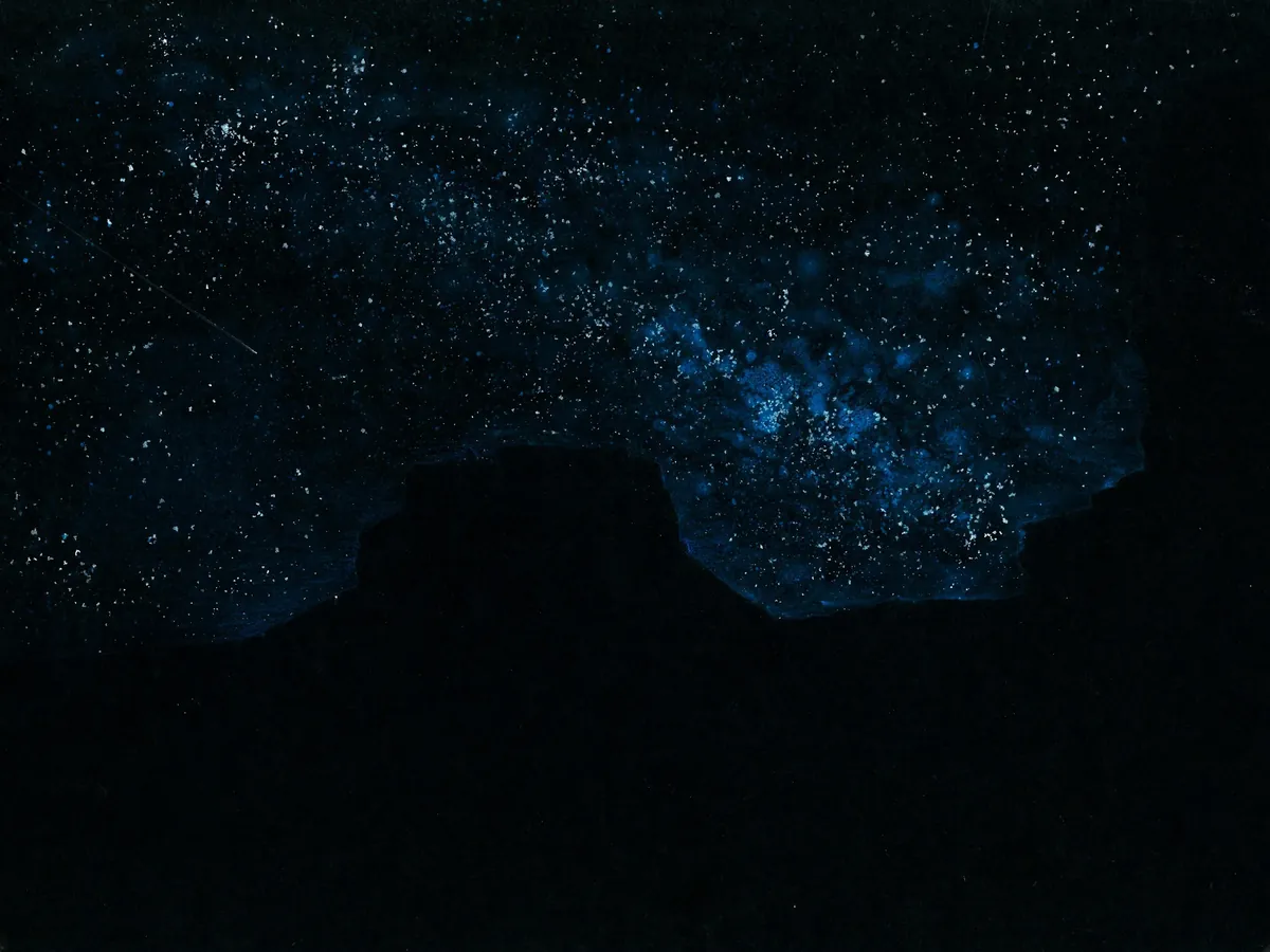 Watercolor depiction of Fajada Butte’s silhouette against a starry night sky, glowing with cosmic blue hues.