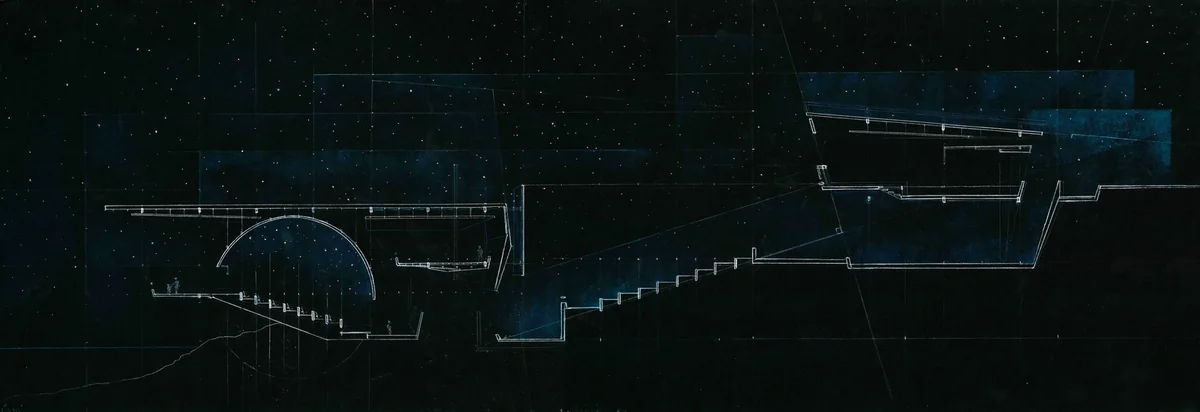 White charcoal pencil section drawing of a Texas Academy of Science project with blue sky, showing key spaces.